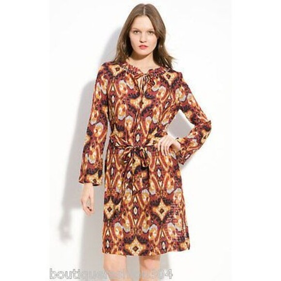 NWT $395 New Designer Tory Burch Womens 0 Silk Dress Rust Red Black Orange Gold - Picture 1 of 7